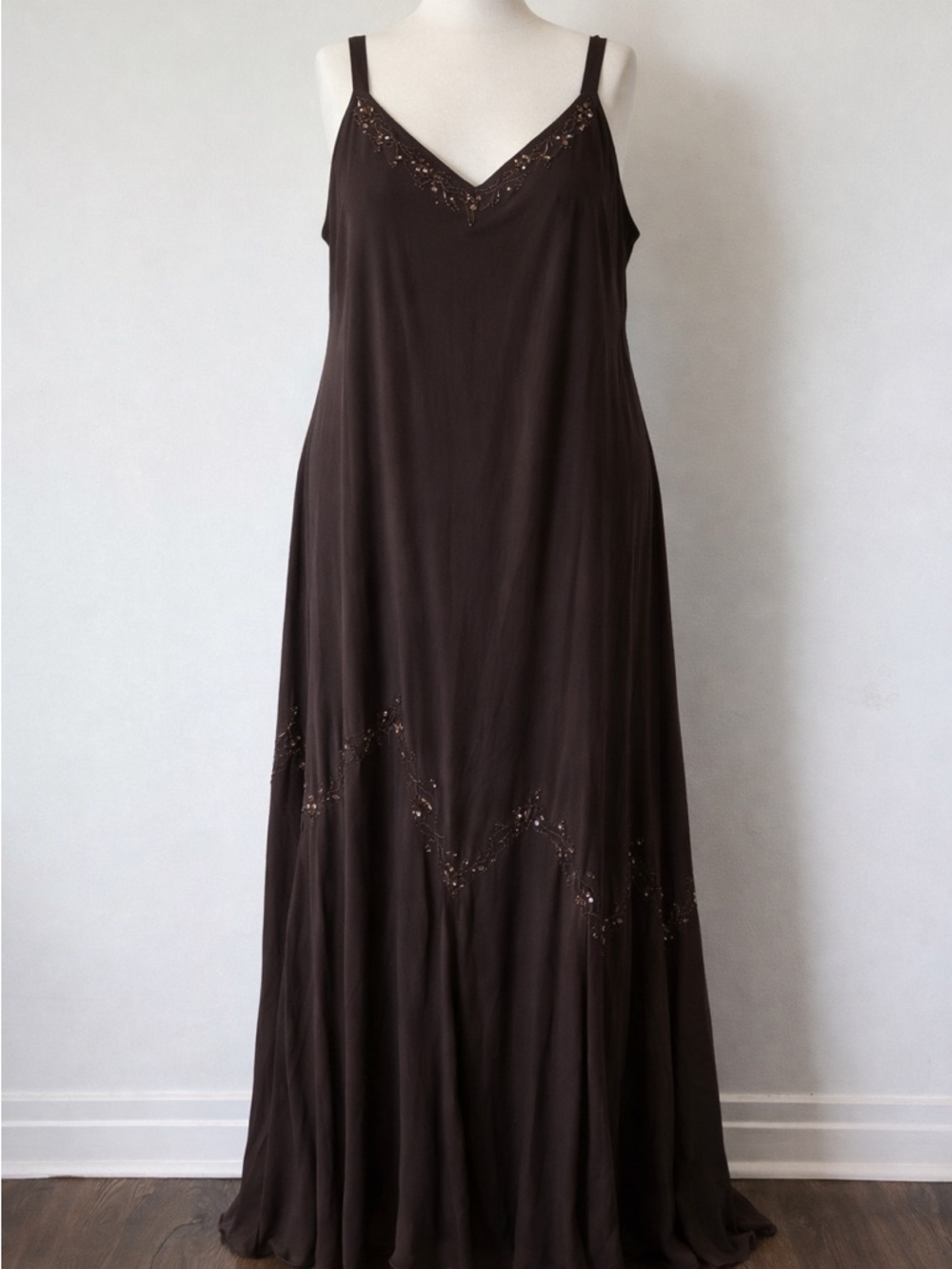 Vintage Y2K David’s bridal chocolate brown Beaded Slip Dress  Evening Maxi 20w